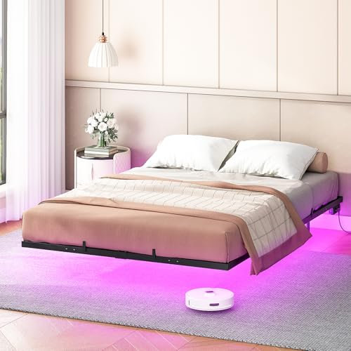 HOOBRO Bett 160 x 200 cm, Gästebett mit LED Beleuchtung und Ladestation, Bettgestell, Metallbett, Doppelbett, Bettrahmen, Einfache Montage, für Schlafzimmer, Gästezimme, Schwarz EBK023CDBF01