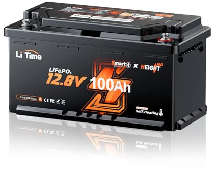 LiTime LiFePO4 12V 100Ah Bluetooth Lithium Batterie für Wohnmobil (DIN H8 L5 Größe), 15000 Zyklen, 200A Akku BMS, 2C Entladung, Smart Heizung, IP65 Wasserdichtheit und Kälteschutz