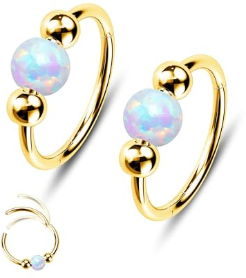Jewseen 2PCS Nasenringe Opal Septum Ringe Edelstahl Helix Ohrring Gold Knorpel Ohrring 20G Daith Piercing Schmuck 7mm