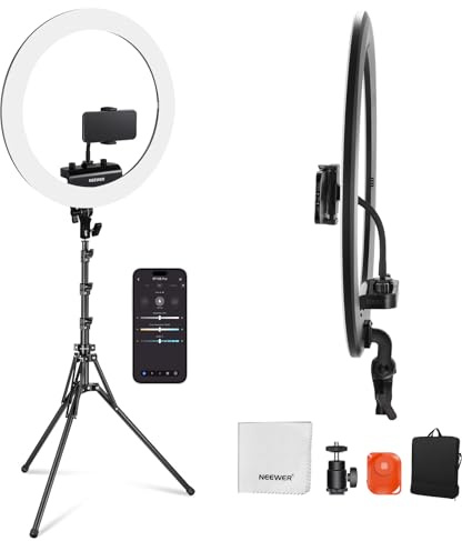 NEEWER RP18B Pro Ring Light 18 with Tripod Stand and Phone Holder Compatible with iPhone, 45W 2900K-7000K App Control Cleaning Cloth, Selfie Video Recording Makeup Studio Streaming Lighting, Black