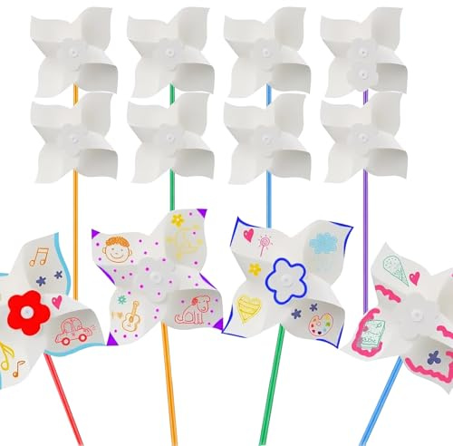 12Pcs Novelty DIY Pinwheels Craft for Kids, Color Your Own White Pinwheels, Summer Autumn Craft Kit for Arts and Craft Party Activity, Outdoor Activities, Kindergarten Art Projects Wind Spinners