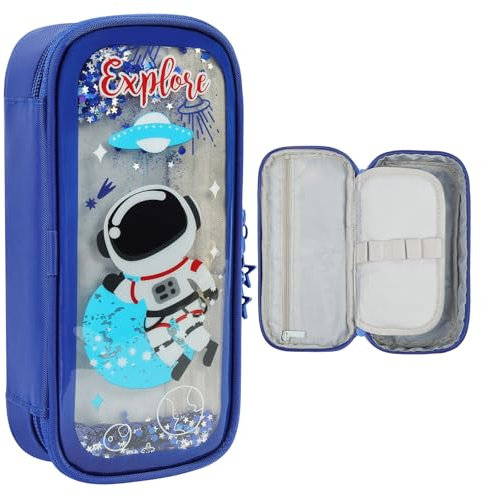 OFFCUP Federmäppchen mit 3 Fächer wasserdichte Mäppchen Etui Stifte mit Quicksand für Schule Büro Große Kapazität Pencil Case Reißverschluss für Kinder Teenager Mädchen Erwachsene -Astronaut