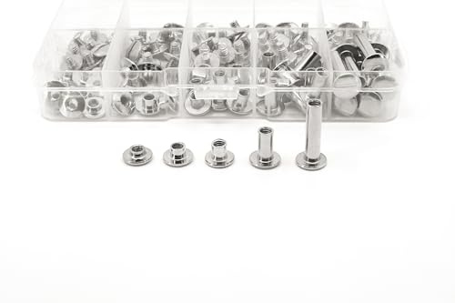 KLEBASTO Buchschrauben Sortimentsbox | 100 tlg. Buchbinderschrauben Set | 5 Größen | Schraubnieten für Leder,Gürtel ect. (Vernickelt (Silber))