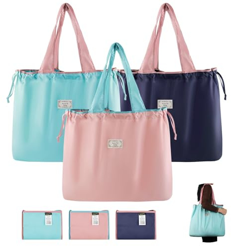 Nexlynk 3PCS Reusable Shopping Bag Set, Lightweight Foldable Grocery Bags with Handles, Large Eco Drawstring Tote Bags, Drawstring Waterproof Shopper Bags Great Gift for Women Travel Beach Daily Use
