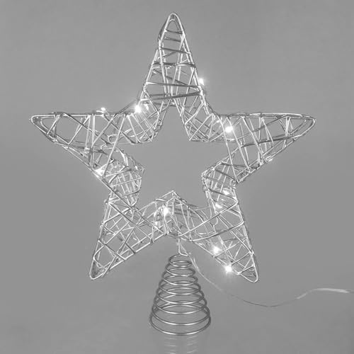 Mr Crimbo Silver Metal Star Tree Topper – 28cm Light Up Christmas Decoration with 20 Warm White LED Copper Wire Lights, Battery Operated with Timer, Spring Base for Easy Fit
