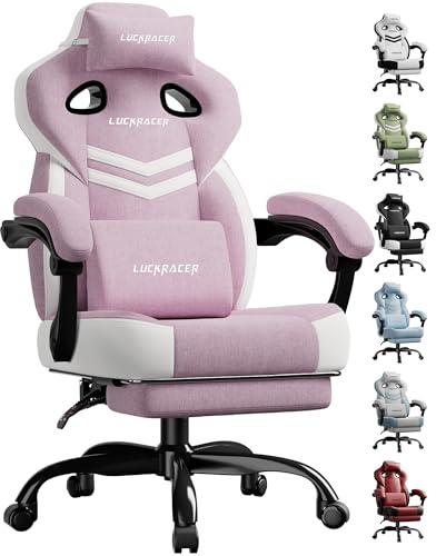 LUCKRACER Gaming Stuhl Stoff, Bürostuhl mit verbundenen Armlehnen, Memory-Schaum-Kissen, 90–155° Neigungswinkel und Fußstütze, strapazierfähigem Funktionsgewebe, rosa