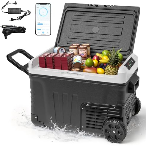 EUHOMY 35L Auto-Kühlschrank, Kompressor Kühlbox -20℃~20℃,12V Kühlschrank 12V DC/220V AC, mit APP-Steuerung, Tragbarer Gefrierschrank mit Rädern für Camping, Reisen, Angeln, Outdoor