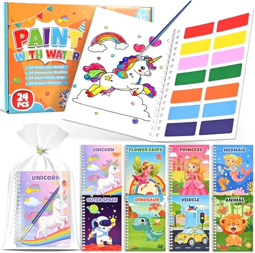GOLDGE 24 Libri da Colorare Gadget Compleanno Bambini | Mini Libro da Colorare Set con Acquerelli Carta Sacchetti Regalo Pennelli, Regalini fine Festa Compleanno 4 5 6 7 8 Anni