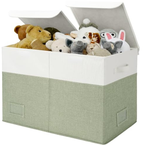 GRANNY SAYS Aufbewahrungsbox mit Deckel Kinder, Grosse Spielzeugkiste mit Deckel, Faltbar Aufbewahrungsbox Spielzeug, Aufbewahrungsbox Kinderzimmer mit Griffen, Weiß-hellgrün Spielzeug Box mit Deckel