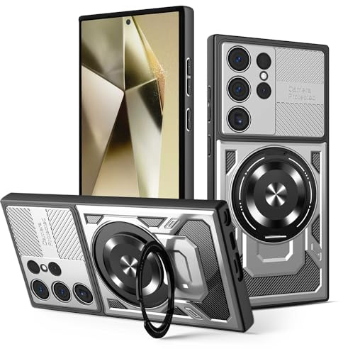 Techsuit für Samsung Galaxy S24 Ultra Hülle mit Militärischer Schutz, Kameraschutz, Integrierter Ständer, Magnetring Kompatibel, Stoßfest, Verstärkte Ecken, RuggedCam Series, PC TPU Hybrid, Grau