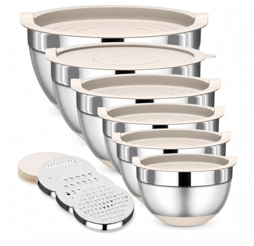 KiPuppi Stainless Steel Mixing Bowls with Silicone Bottom, 6 Pack Metal Salad Bowl with Airtight Lids & 3 Grater Attachments for Kitchen Baking Cooking Serving, Size 0.7/1.2/1.6/2.5/2.8/4.6QT (Beige)
