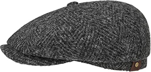 Stetson Hatteras Herringbone Flatcap Schirmmütze Klassischer Stil Herrenmütze aus Schurwolle Made in Germany Herbst Winter schwarz 62 cm