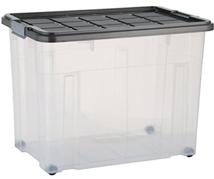 axentia Aufbewahrungsbox mit Rollen & Deckel, Stapelbox aus Kunststoff 80 Liter, Eurobox transparent, Maße: ca. 60 x 40 x 44,5 cm, Anthrazit, blau oder gelb - Farbe nicht wählbar