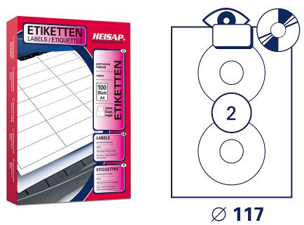 200 HEISAP Universal Druckeretiketten CD-Aufkleber 117 mm rund Weiß permanent selbstklebend Etiketten 100 Bogen A4 HEI028