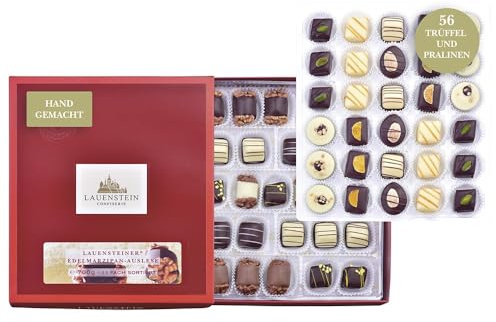 Lauensteiner Marzipan Pralinen Auslese | 56 handgefertigte Trüffel und Pralinen mit Alkohol 700g, 11-fach sortiert | Schokoladengeschenk für Marzipan-Liebhaber | Geschenk für Frauen, Männer, Oma, Opa