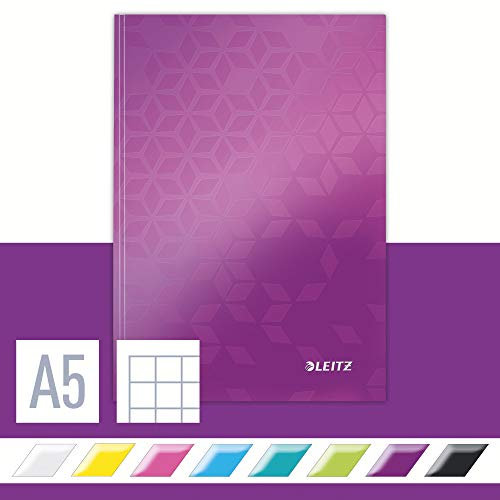 Leitz WOW Notizbuch A5 kariert, Hardcover, 160 Seiten, 80 Blatt FSC-zertifiziertes Papier 80 g/m², Hochwertiger laminierter Einband, Fadenheftung, Für Büro, Schule oder als Tagebuch, Violett, 46281062
