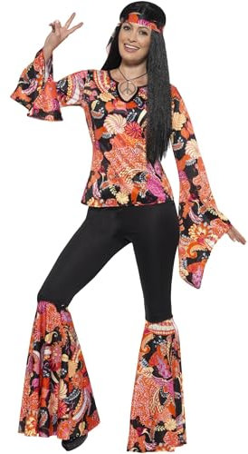 Smiffys Willow Hippie Kostüm, Mehrfarbig, mit Oberteil, Hose, Kopftuch & Anhänger