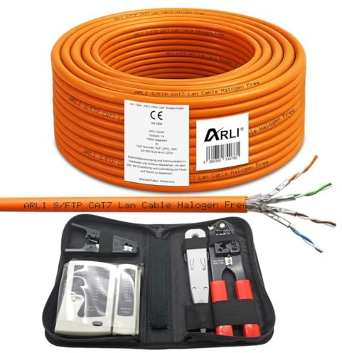 ARLI CAT 7 Verlegekabel 100m Netzwerkkabel + Werkzeug Set Crimpzange + LSA Anlegewerkzeug + Tester + Messer Halogenfrei Installationskabel Kabel Netzwerk Verkabelung Datenkabel CAT7 AWG23/1 Werkzeug