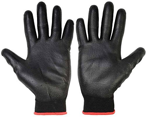 12 PACK - BLACK NYLON PU COATED GRIP Safety Work Gloves Builders Construction Mechanic (X- SMALL - Size - 6)