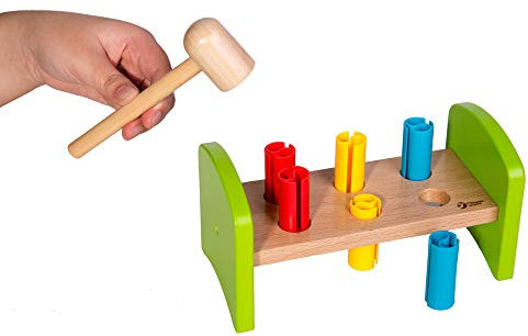 Classic World - Wooden Hammer and 6 Pegs Pounding Bench - Early Development & Shape Sorter Toy for Toddlers - Suitable for 1+ Year Olds