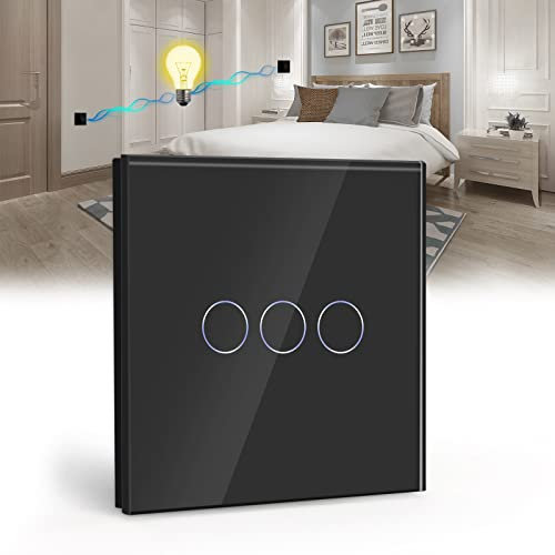 BSEED Interrupteur Tactile va et vient,Noir 3 Gang 2 Voie Commutateur de Lumière avec LED Affichage Light,Interrupteur Tactile avec Capteur Tactile Panneau Verre Cristal-Pas de fil Neutre