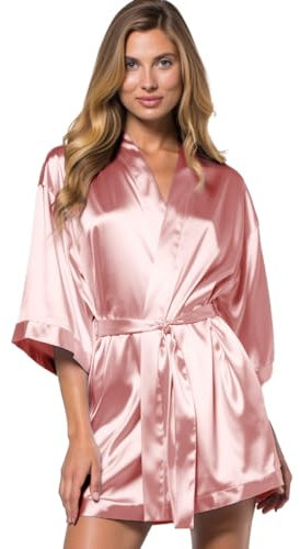 Turquaz Linen aux femmes Pure Color Satin Short Kimono Bridesmaids Lingerie Robes, Grand, Or rose