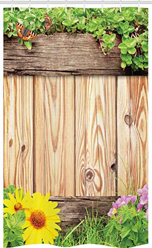 ABAKUHAUS Wooden Stall Shower Curtain, Garden Fence Butterfly, Fabric Bathroom Decor Set with Hooks, 47 x 70, Brown Green Yellow