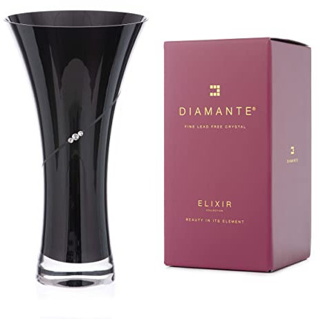 Diamante Black Silhouette Hollow Sided Trumpet Tapered Flared Vase with Crystals - 25cm|9.8inches tall in gift box