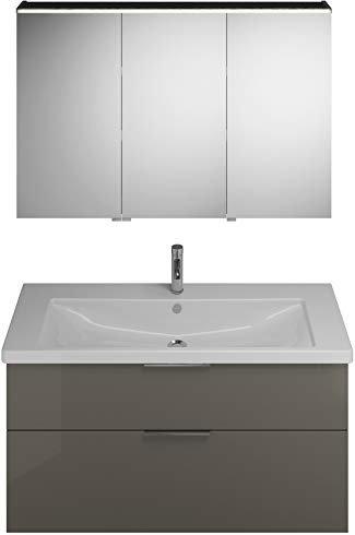 burgbad Eqio Set, bestehend aus Spiegelschrank Version rechts, Keramik-Waschtisch und Waschtischunterschrank, Breite: 1230 mm, SFAN123R, Farbe: Grau Hochglanz/Grau Glänzend, Griff Chrom G0146