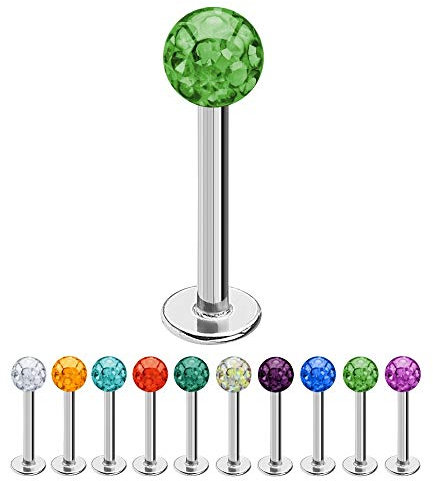 Treuheld® | 1,6mm x 14mm Piercing Labret | 5mm Kristall Kugel | Hell-Grün | Chirurgenstahl | Silber | Lippenpiercing, Helix Tragus Stecker