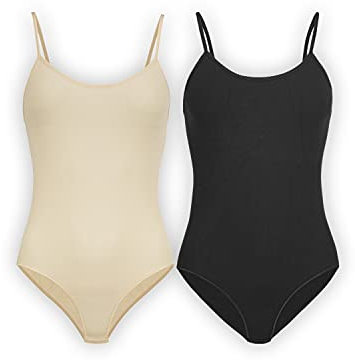 UnsichtBra 2er Set Body Damen Weiß | Spaghettiträger Damenbodys | Wohlfühl Unterwäsche Schwarz Beige (Schwarz, Beige, S-M)