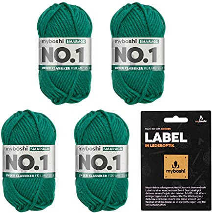 myboshi No.1 Wolle zum Häkeln und Stricken, Schnellstrickgarn, inkl. Label, Strickwolle, Häkelwolle, mulesing-frei, Ll. 55m /50g, 30% Wolle (Merinowolle) Grün (Smaragd), 4 Knäuel