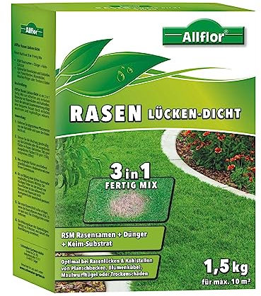 Allflor Rasen-Lücken-Dicht I 1 x 1,5 Kg I 3-in-1 Fertig Mix I Mischung aus Rasensamen, Dünger und Keimsubstrat I Ideal zur Reparatur von Kahlstellen & Rasenlücken I Für einen grünen Rasen