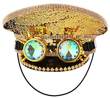 Unisex Pailletten Militär Kapitän Hüte mit Brille Steampunk Zylinder Hut Festival Halloween Cosplay Kostüm Caps (Gold-1)