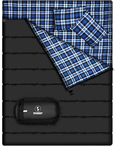 FORINBUY Baumwolle Flanell Doppelschlafsäcke mit 2 Kissen Leichte 3 Jahreszeiten Queen Size Schlafsack für Erwachsene Teen wasserdichte 2-Personen-Schlafsäcke für Familie Camping Rucksack Wandern