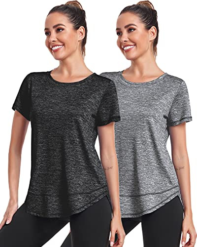 Deaviya Women's Sports T-Shirt Gym Tops, Short Sleeve Workout Casual Running Tops, Ladies Gym Yoga Sports Top, Crew Neck Fitness T-Shirts for Women, Loose Side Split Tee,Black+Grey S