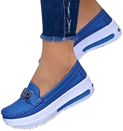 Bequeme Plateau-Loaferss für Damen, lässige flache PU-Wanderschuhe, Vintage-Stil, hellblau