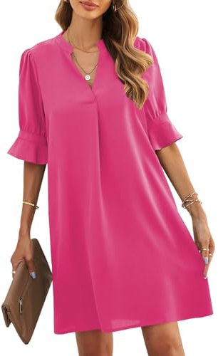 ANFTFH 2025 Kleid Frauen Sommer Mini Kleid Atmungsaktives V-Ausschnitt Rüschen Gerade Ärmel Kurzes Kleid Rosenrot M