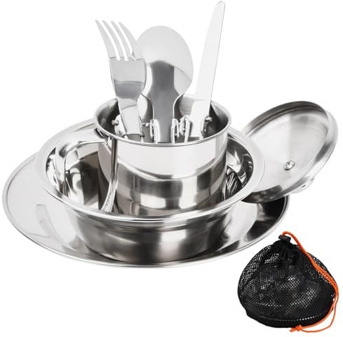 Pagezol Stainless Steel Tableware Set - 8 in 1 Flatware Kit with Plate, Bowl, Cup, Spoon, Fork, Knife in Mesh Bags for Outdoor Travel, Picnic, Camping, Hiking