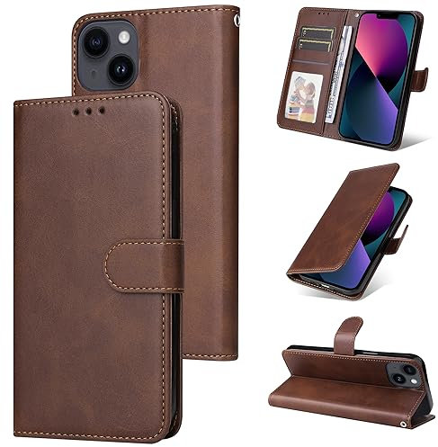 E-Lush Handyhülle für iPhone 13 Hülle Leder PU, Magnet Klapphülle Flip Wallet Kartenfach 360 Stoßfeste Schutzhülle für iPhone 13 Hülle mit Standfunktion, Braun