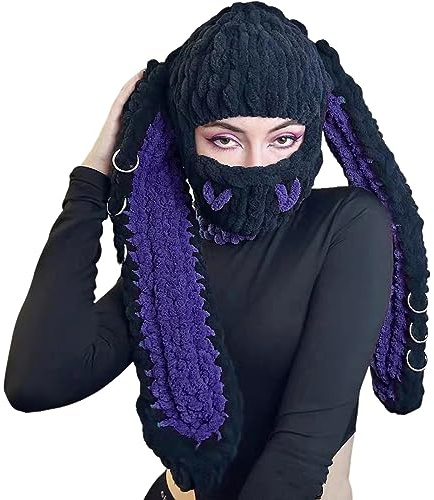 Niedliche Y2k Strick-Sturmhaube, gehäkelt, Kaninchen, Gesichtsmaske, Winter, warme Mütze, lässiger Hasenohr, Totenkopf-Mütze für Damen und Herren