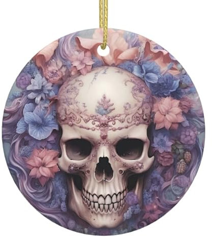 Coole Totenkopf-Blumen, Weihnachtsschmuck, Weihnachtsschmuck, Weihnachtsbaum, hängende Ornamente, runde Keramik, festliches Andenken, Geschenk für Weihnachtsdekorationen, Ferienhaus,