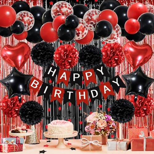 ZERODECO Geburtstagsdeko Rot Schwarz, Happy Birthday Girlande Pompons Fransen Vorhang Luftballons Geburtstagsdeko Mädchen Geburtstagsdeko Frauen Damen Kindergeburtstag Deko Geburtstag Party Zubehör