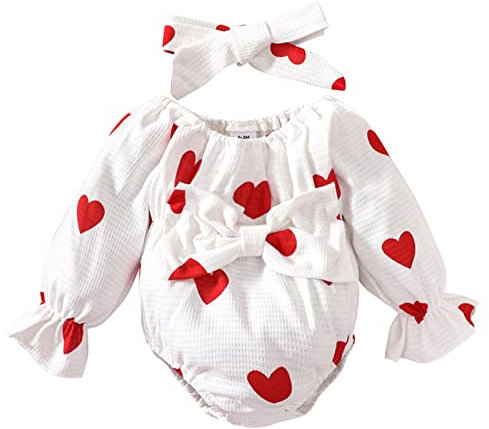 0 to 18M Stretchy Outfit for Girls Cotton Print Autumn Valentine's Day Long Sleeve Romper Bodysuit Headbands Newborn Infant Baby Girls Clothes (White, 3-6 Months)