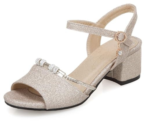 OALEEN Sandales Nu-pieds Femme Eté Petit Talon Carré Bride Cheville Paillettes Chaussures Ouverte Soirée Mariage Dorée 37