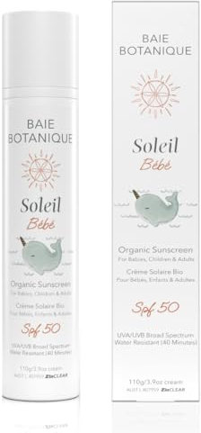 Baie Botanique Soleil Bébé – Organischer, ungiftiger mineralischer Baby-Sonnenschutz LSF 50 – Sonnenblume und Jojoba – parfümfrei – natürlich – vegan – kein Weißstich – riffsicher – UVA/UVB – 110 g