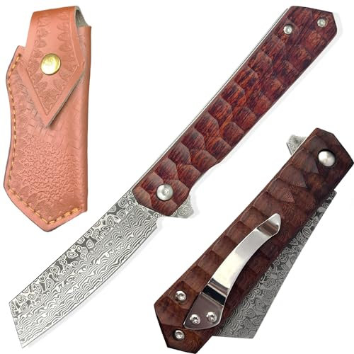 MIWOOHO Klappmesser Damast Taschenmesser mit Clip Damastmesser mit Damaststahl Klinge, Holzgriff, Flipper, Messerscheide Leder Angelmesser Scharf Einhandmesser EDC Messer Survival messer
