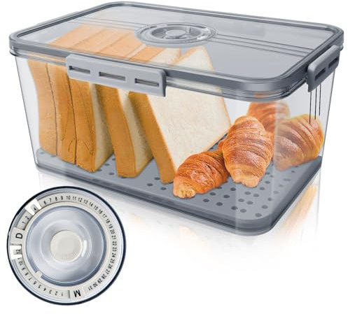 Suewidfay Recipientes para Pan con Cierre de Fecha, Panera Plástica Hermética con Tapa, Contenedores de Almacenamiento de Pan con Válvula de Aire