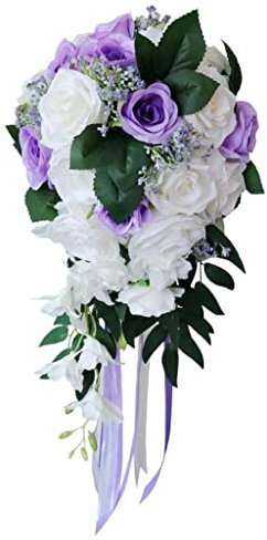 Nishiyuenyi Brautstrauß mit Wasserfall Und Künstlichen Rosen, Weiß Lila
