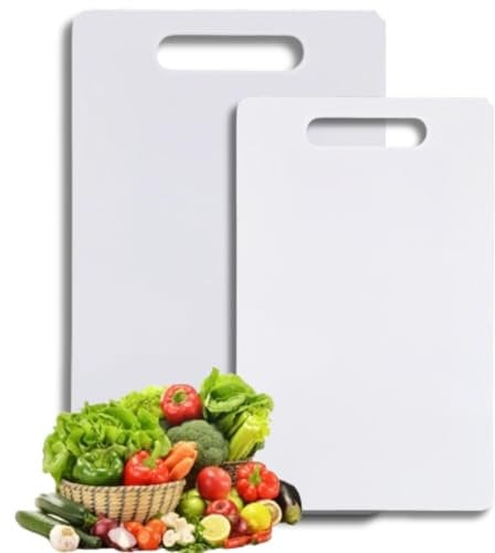 Plastic Thick Chopping/Cutting Board, Juice Grooves, Non-Porous, Handled, Non-Slip, Best for Chefs, Kitchen, Professional Use, with Hanging Hole – White (Pack of 2 (30x20, 35x25 cm))
